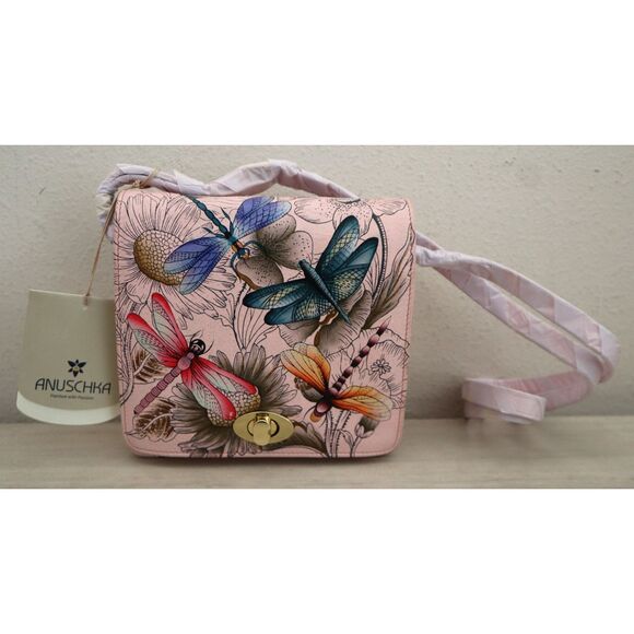 Anuschka Pink Dragonflies Hand-Painted Leather Crossbody Bag RFID Protection - Picture 3 of 10